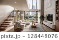 Modern living room with floating staircase and open floor plan interior design 128448076