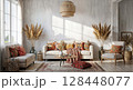 Modern boho living room with pampas grass decor and natural light streaming through windows 128448077
