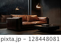 Modern brown leather sofa in luxury living room with mood lighting and contemporary interior design 128448081