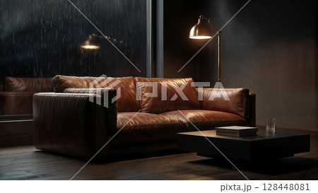 Modern brown leather sofa in luxury living room with mood lighting and contemporary interior design 128448081