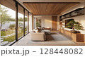 Modern living room interior with wood ceiling and large windows in luxury home 128448082