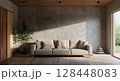 Modern living room with concrete wall and natural sunlight in contemporary luxury apartment interior 128448083
