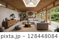 Modern living room with wooden ceiling beams and skylight in sustainable eco-friendly home interior 128448084