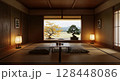 Traditional Japanese tatami room with autumn lake view and meditation space 128448086