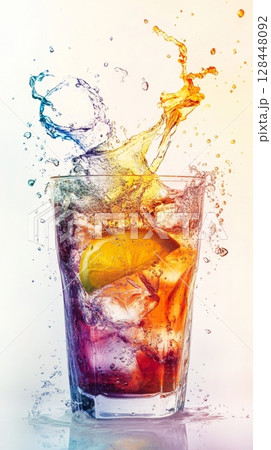 A cocktail explodes with vibrant colors and water droplets, showcasing citrus and ice against a clean white backdrop 128448092