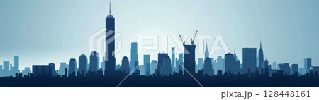 A bustling city skyline features majestic skyscrapers against a twilight backdrop, highlighting ongoing construction and urban growth 128448161