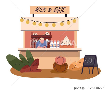 Vector farm food shop with dairy product. Counter with egg and milk, cottage cheese. Autumn stand with rural nutrition, drink and meal. Market stall, display with natural, vegan meal. Farming harvest. 128448223