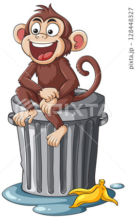 Cheerful Monkey Sitting on Metal Trash Can Cheerful Monkey Sitting on Metal Trash Can 128448327