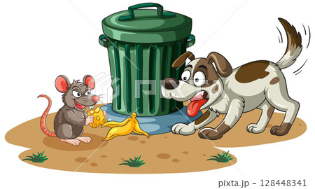 Dog Confronts Mouse Eating Cheese Near Trash Can Dog Confronts Mouse Eating Cheese Near Trash Can 128448341