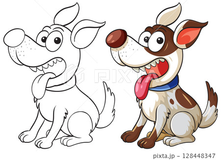 Cartoon Dog Sitting with Tongue Out, Color and Outline Cartoon Dog Sitting with Tongue Out, Color and Outline 128448347