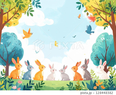 秋の森でウサギ並んでいる森の中の風景 128448382