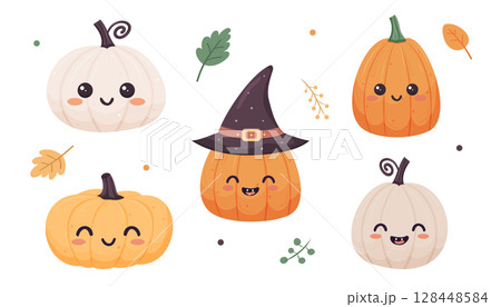 Smiling pumpkins with cheerful faces and witch hat in a flat style, fun Halloween and autumn themes 128448584
