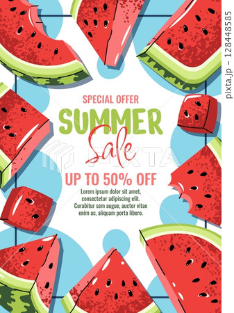 Summer Sale Poster. Juicy Watermelon Slices Cover. Vibrant Seasonal Discount Banner for Shops, Cafes, Markets and Beach Kiosks. Fresh and Sweet Template for Social Media, Window Ads and Print 128448585
