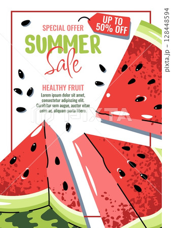 Summer Sale Poster. Juicy Watermelon Slice Cover. Vibrant Seasonal Discount Banner for Shops, Cafes and Markets. Fresh and Sweet Template for Social Media, Window Ads and Print Campaigns Summer Sale Poster. Juicy Watermelon Slice Cover. Vibrant Seasonal Discount Banner for Shops, Cafes and Markets. Fresh and Sweet Template for Social Media, Window Ads and Print Campaigns 128448594