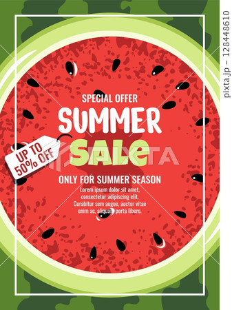Summer Sale Poster Template. Square Watermelon Design for Seasonal Discounts, Social Media Ads and Shop Displays. Banner for Cafe, Grocery Stores, shop, market. Asian trend fruit 128448610