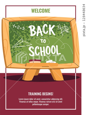 Back to school poster template. Cute banner with school chalkboard with lettering. Cheerful flat design for school, preschool, stationery advertising, sale or social media. Vector illustration Back to school poster template. Cute banner with school chalkboard with lettering. Cheerful flat design for school, preschool, stationery advertising, sale or social media. Vector illustration 128448634