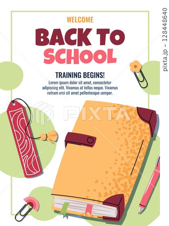 Back to School Poster Template. Book with Bookmark and Pen in Minimalist Flat Style. Education Banner for Reading Motivation, Study Essentials or learning. Vector Illustration. Perfect for Advertising Back to School Poster Template. Book with Bookmark and Pen in Minimalist Flat Style. Education Banner for Reading Motivation, Study Essentials or learning. Vector Illustration. Perfect for Advertising 128448640