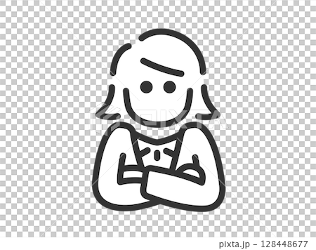 Illustration of a businesswoman icon (line drawing) with her arms crossed Illustration of a businesswoman icon (line drawing) with her arms crossed 128448677