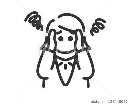 悩んでいる、ビジネスウーマンのアイコン（線画）のイラスト 128448681