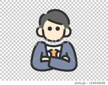 腕組みをした、ビジネスマンのアイコン（線画カラー）のイラスト 128448686
