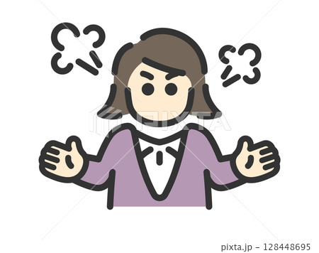 怒っている、ビジネスウーマンのアイコン（線画カラー）のイラスト 128448695