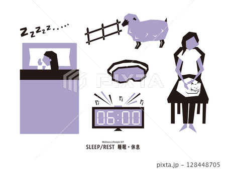 健康とライフスタイルのフラットイラストセット（睡眠・休息） 128448705