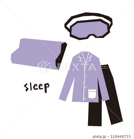 睡眠と快眠グッズのフラットイラスト（アイマスク・枕・パジャマ） 128448713