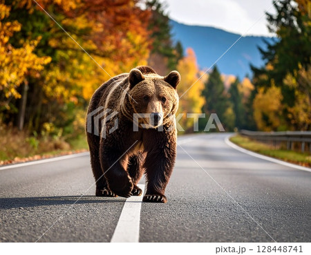 秋の森、舗装路を歩く野生のヒグマ：迫力ある出会い 128448741
