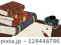 積み上げられた本と手紙とインク瓶　水彩　透過素材 128448786