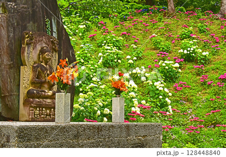 静岡県 可睡ゆりの園 お釈迦様と紫陽花 静岡県 可睡ゆりの園 お釈迦様と紫陽花 128448840
