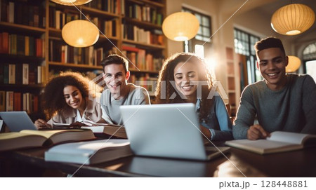 University Students Collaborating in Library Study Session. Generative ai University Students Collaborating in Library Study Session. Generative ai 128448881
