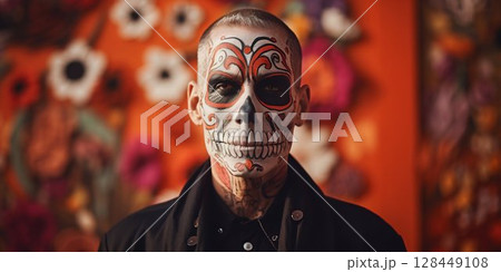 Man Celebrating Day of the Dead with Skull Face Paint Portrait. Generative ai 128449108