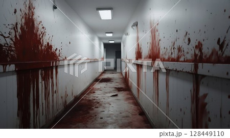 Halloween Horror: Blood-Stained White Hallway. Generative ai 128449110
