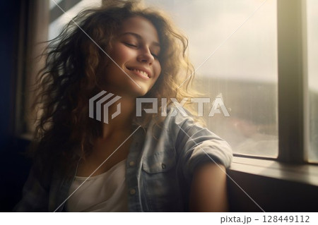 Smiling Woman Enjoying a Peaceful Moment by the Window. Generative ai 128449112