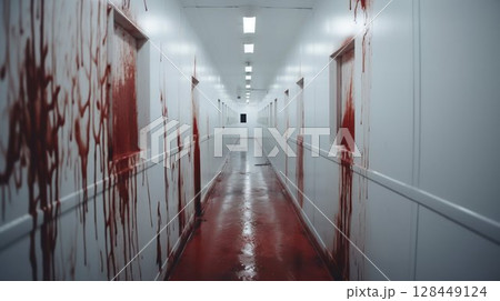 Halloween Horror: Blood-Stained White Hallway. Generative ai 128449124