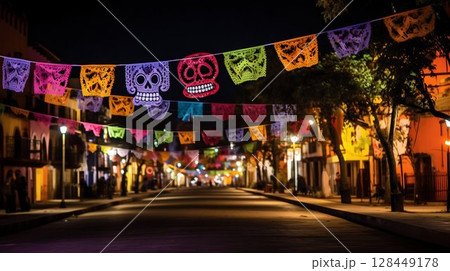 Nighttime Display of Sugar Skulls and Papel Picado for Day of the Dead. Generative ai 128449178