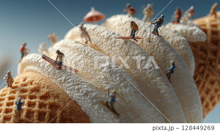 Tiny skiers navigate a delicious landscape of whipped cream and waffles 128449269