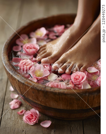 Relaxing experience with delicate flowers in a soothing foot bath 128449273