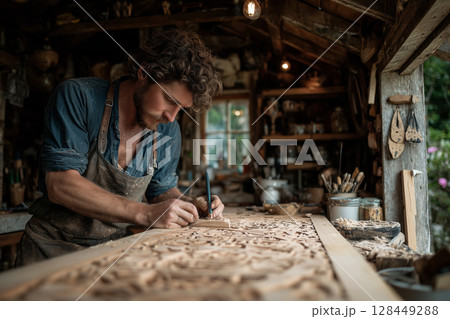 Masterful wood carving unfolds in a rustic garden studio at twilight Masterful wood carving unfolds in a rustic garden studio at twilight 128449288