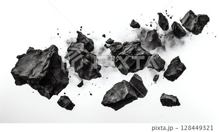 Descending Darkness: Falling Charcoal Rocks Isolated on White Background. Generative ai 128449321