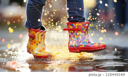 Splash Adventure: Kids' Bright Rain Boots in Puddle Play. Generative ai Splash Adventure: Kids' Bright Rain Boots in Puddle Play. Generative ai 128449349