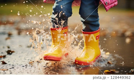 Splash Adventure: Kids' Bright Rain Boots in Puddle Play. Generative ai 128449362