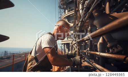Oil Rig Worker in Action on Modern Offshore Platform. Generative ai Oil Rig Worker in Action on Modern Offshore Platform. Generative ai 128449365