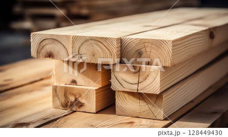 Timber Industry: Stacks of Pine Wood Lumber for Construction. Generative ai 128449430