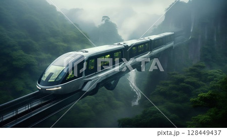 Futuristic Transit: High-Tech Monorail Through Misty Zhangjiajie Forest Park. Generative ai Futuristic Transit: High-Tech Monorail Through Misty Zhangjiajie Forest Park. Generative ai 128449437