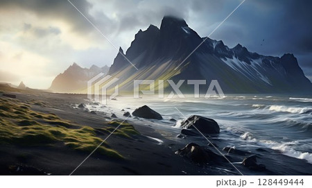 Summer Majesty: Stokksnes Headland Vista with Iconic Vestrahorn Mountain. Generative ai 128449444