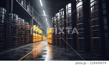 Industrial Reserve: Multi-Tiered Warehouse Storing Petroleum Products. Generative ai 128449474
