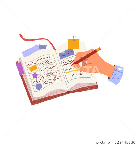 Hand writing plan with pencil. Vector memo or planner, notebook for planning. Workspace journal or personal diary for daily organization or weekly management. Checklist or timetable, schedule, plan. 128449530