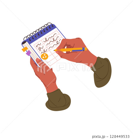 Hand writing plan or list. Vector handwritten notes or memo. Making plan or schedule. Reminder or preparation page. School writing or office documentation. Management and organization. Checklist. 128449533