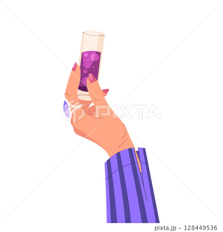 Vector cocktail beverage. Palm holding glass of alcohol. Isolated element for nightclub or summer beach party, lounge. Celebration and holiday fun, festive. Shaker, mocktail, drink mix. Exotic liquid. Vector cocktail beverage. Palm holding glass of alcohol. Isolated element for nightclub or summer beach party, lounge. Celebration and holiday fun, festive. Shaker, mocktail, drink mix. Exotic liquid. 128449536